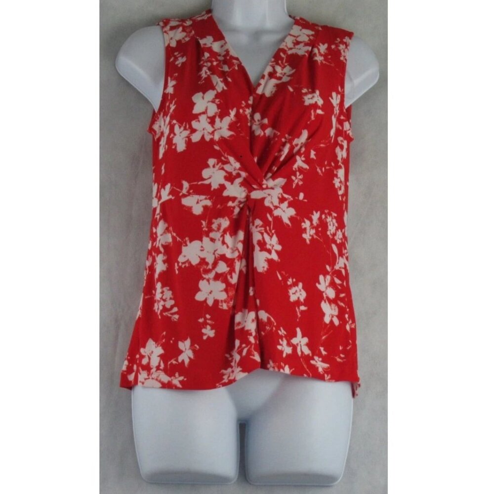 NWT Anne Klein Women's Petite V-Neck Twist-Front Top, Poppy Red Floral, PXS